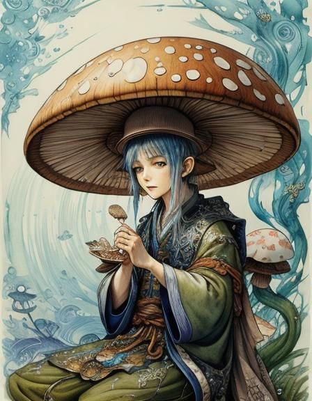 Mushroom Mage: Whimsical Gouache Art Nouveau Painting