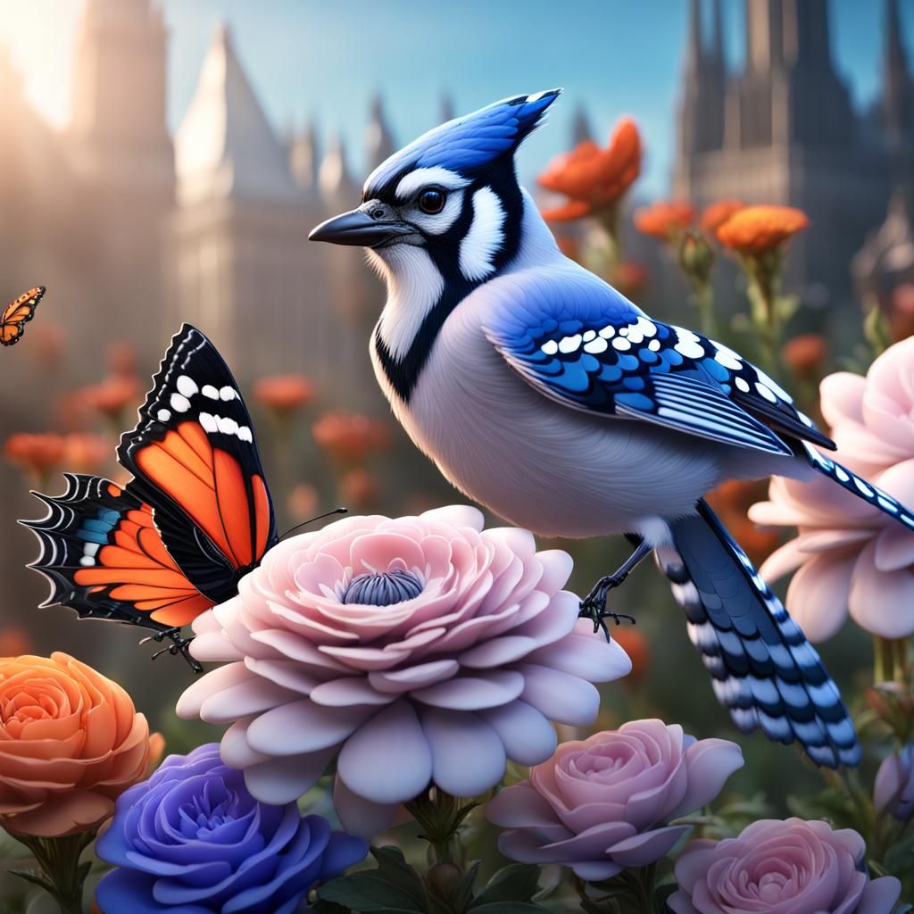 Hyperrealistic Bluejay with Flowers at Dawn
