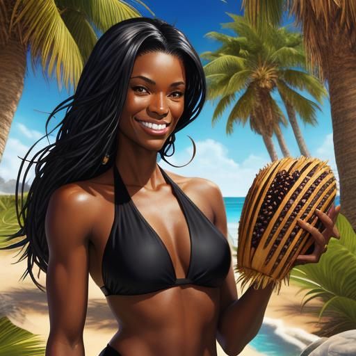 Bikini Model Harvesting Dates in Comic Book Art Style