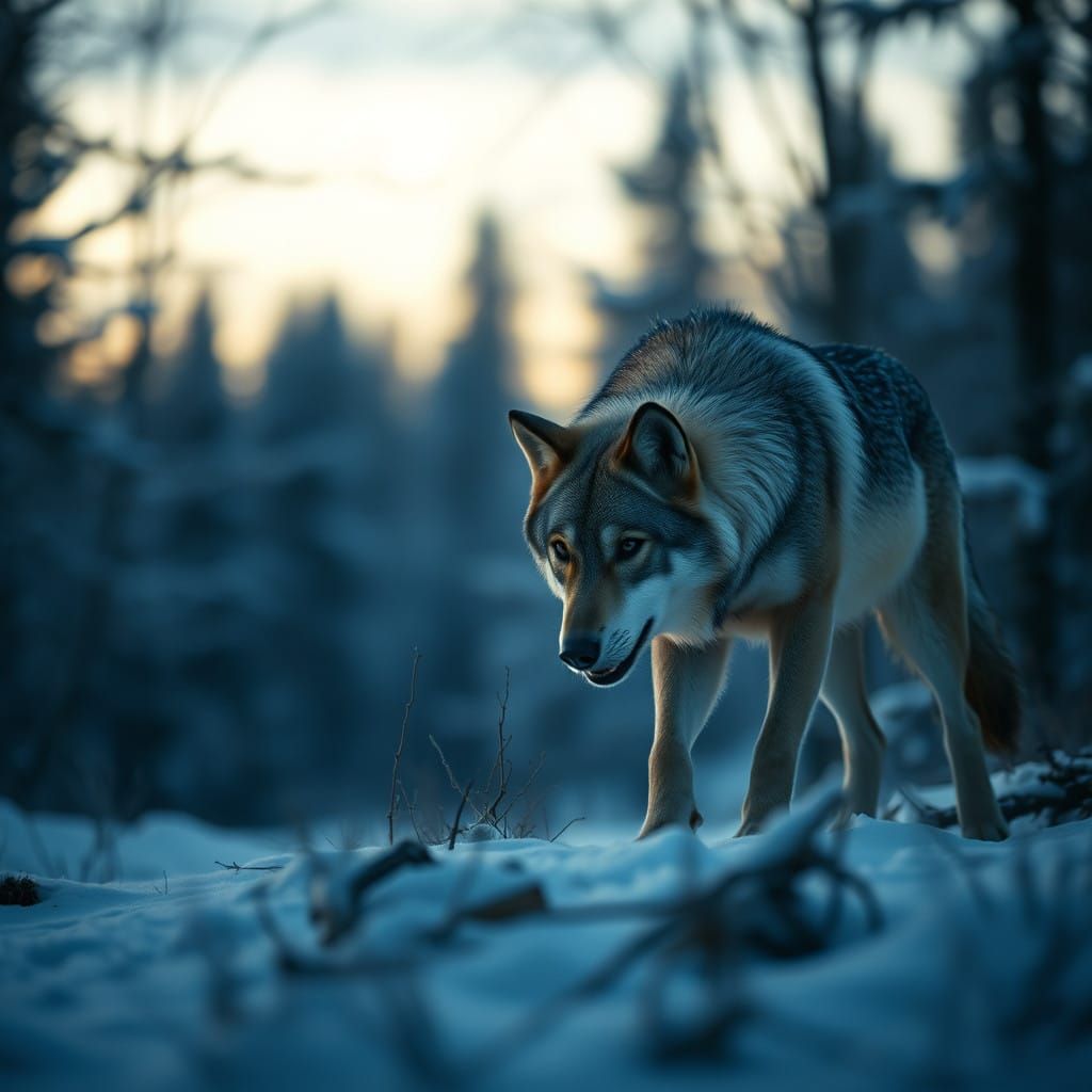 Wolf in Snowy Forest at Dusk