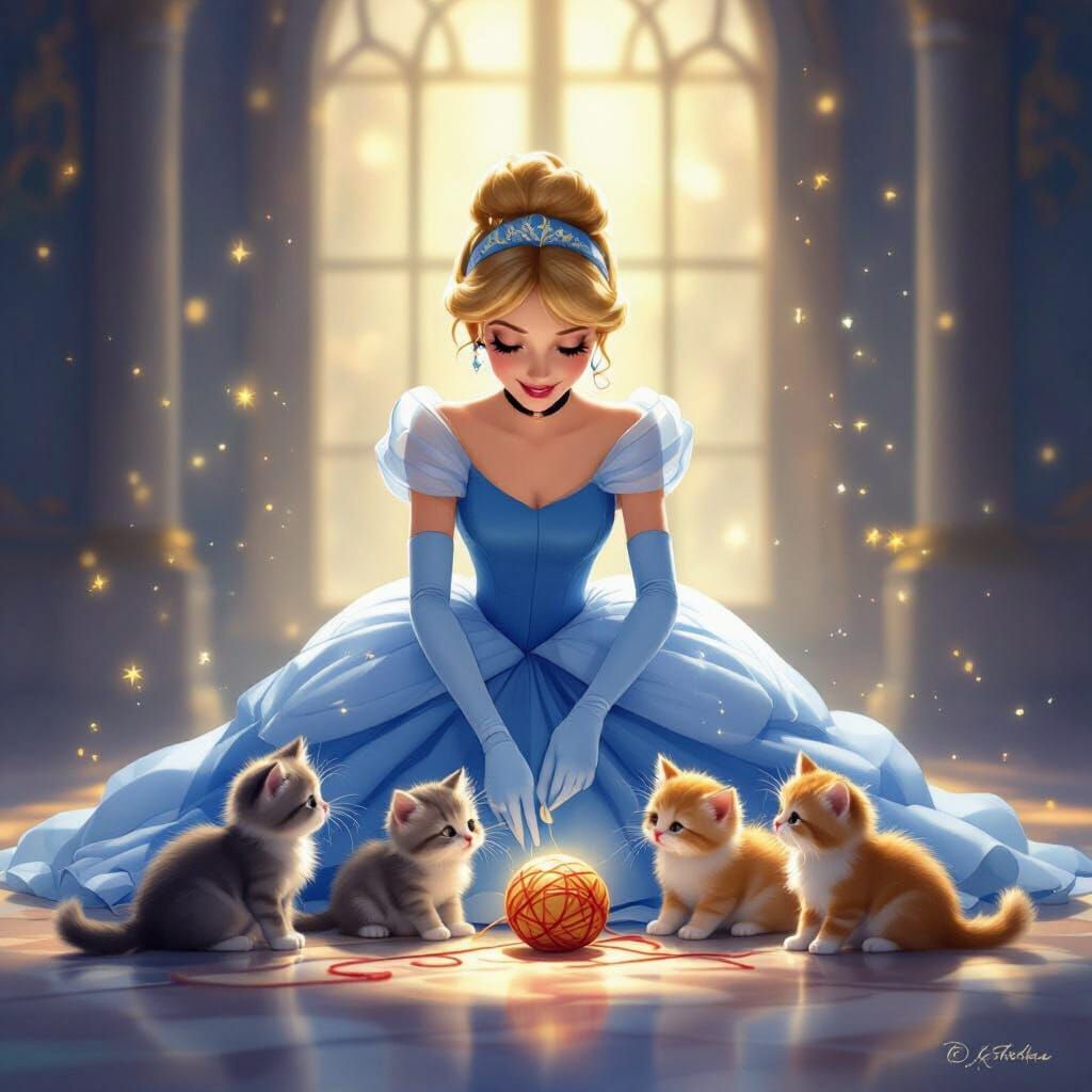 Cinderella With Kittens in a Grand Ballroom