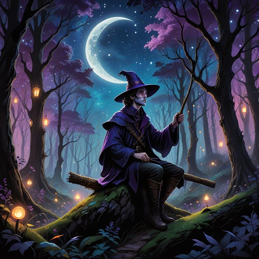 Whimsical Portrait of a Man on a Broomstick in a Mystical Fo...