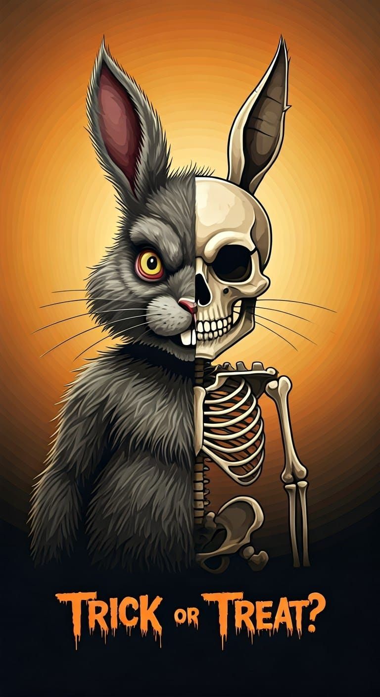 Spooky Halloween Card with Monster Rabbit Skeleton