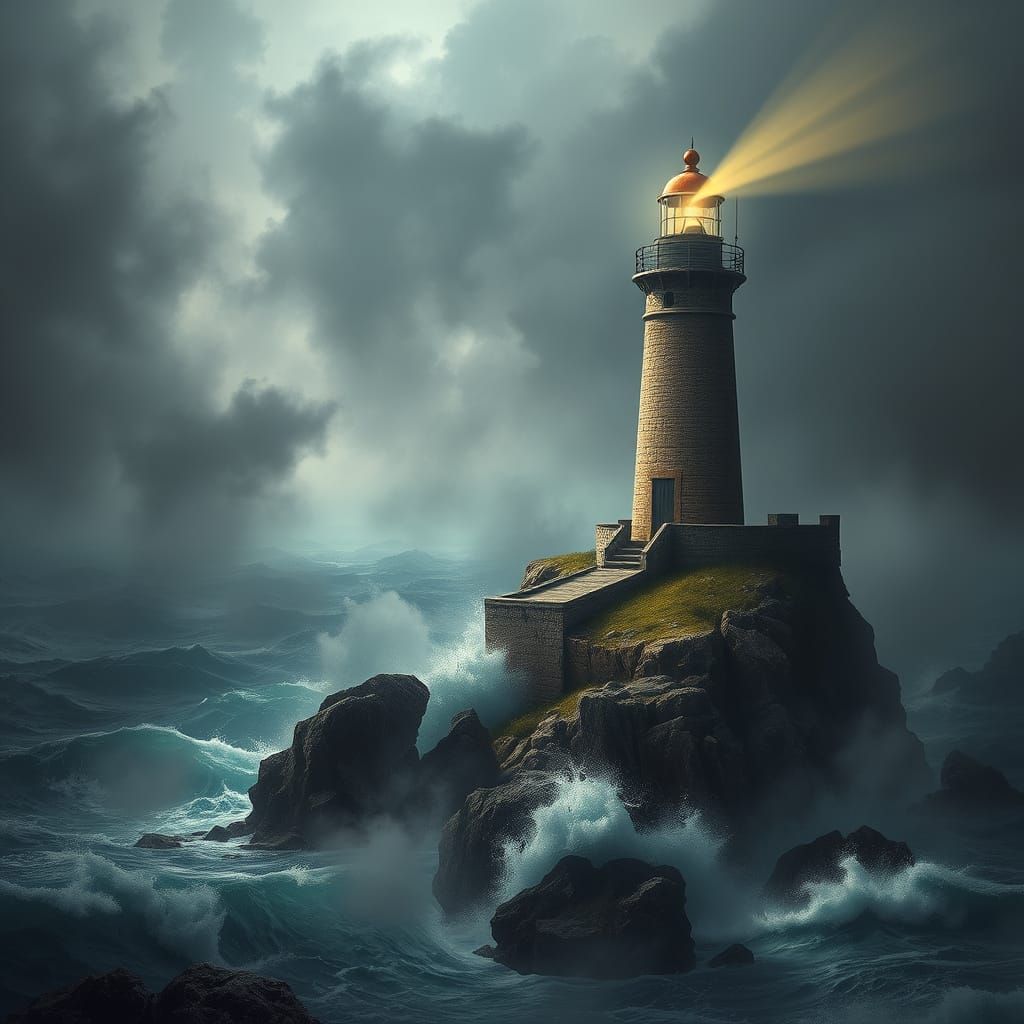 Lighthouse in Turbulent Stormy Seas, in Hyperrealistic Digit...