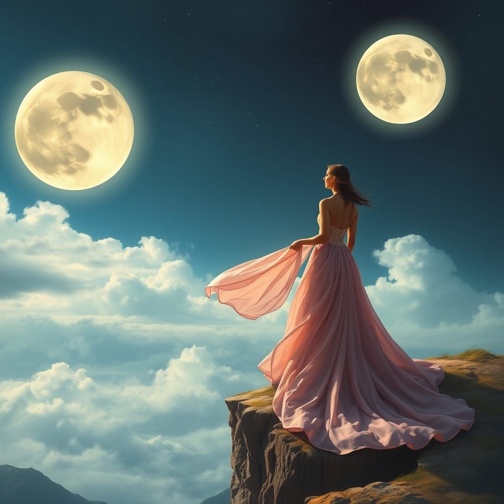Woman Watches Two Moons Collide in Dreamlike Sky