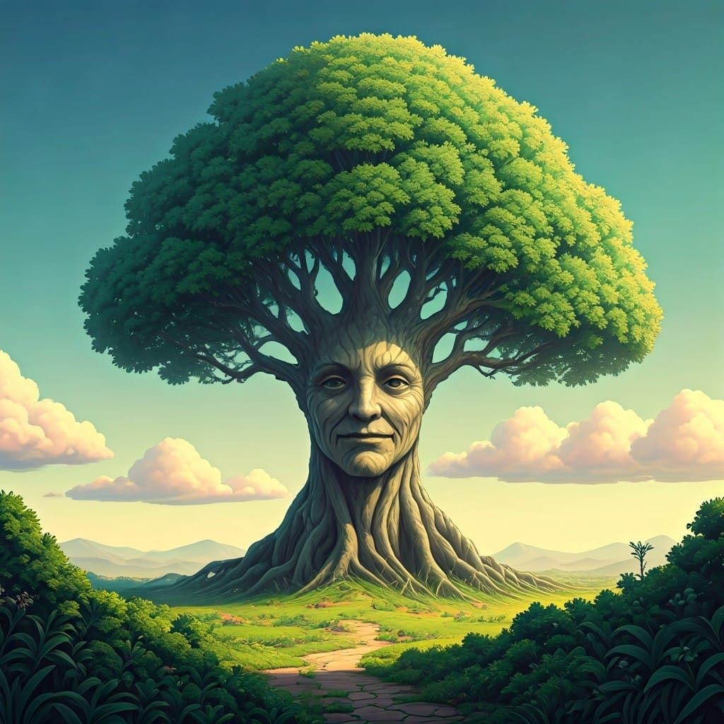 A Gentle Tree Face in a Whimsical Landscape