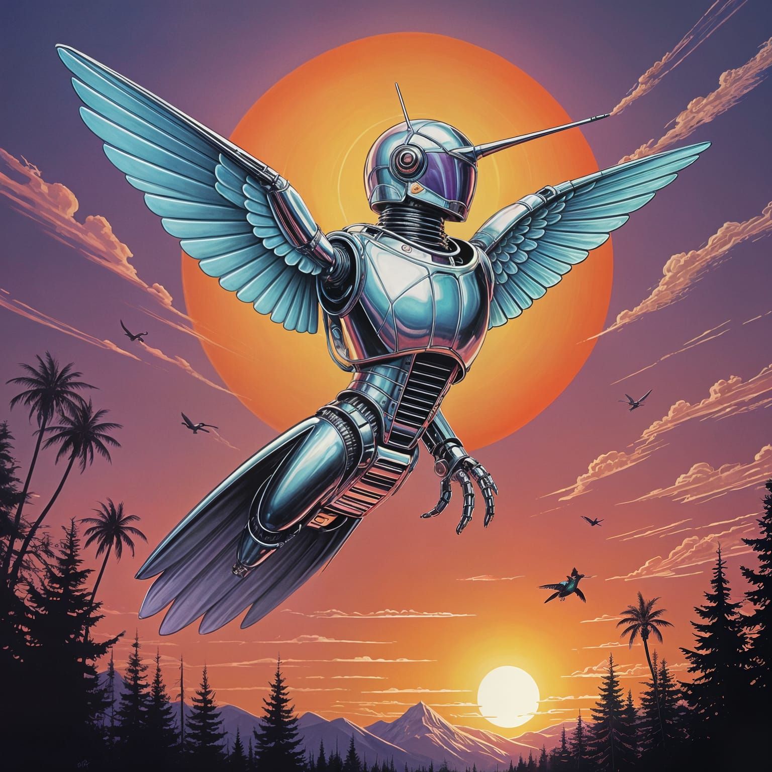 Robot Arm Reaching for Hummingbird: 80s Airbrush Art