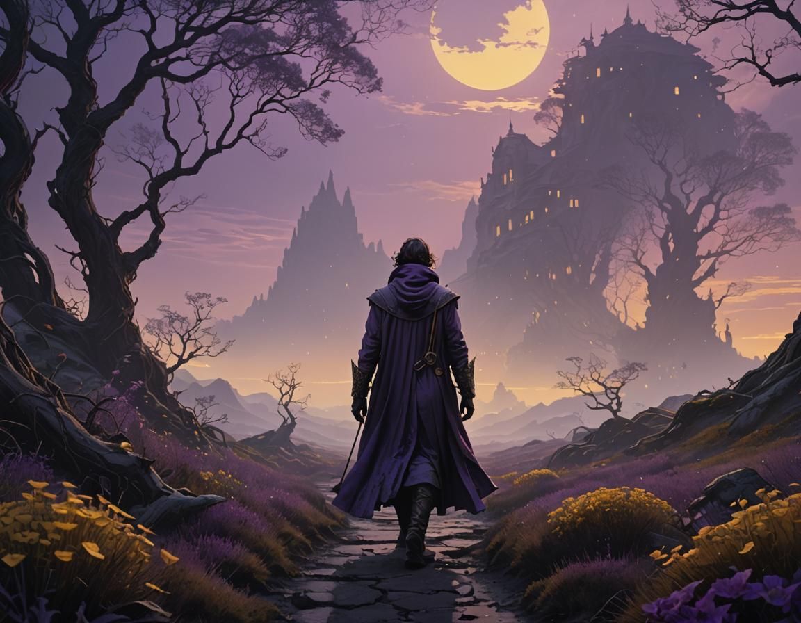 Dark Fantasy Figure in Art Nouveau Landscape