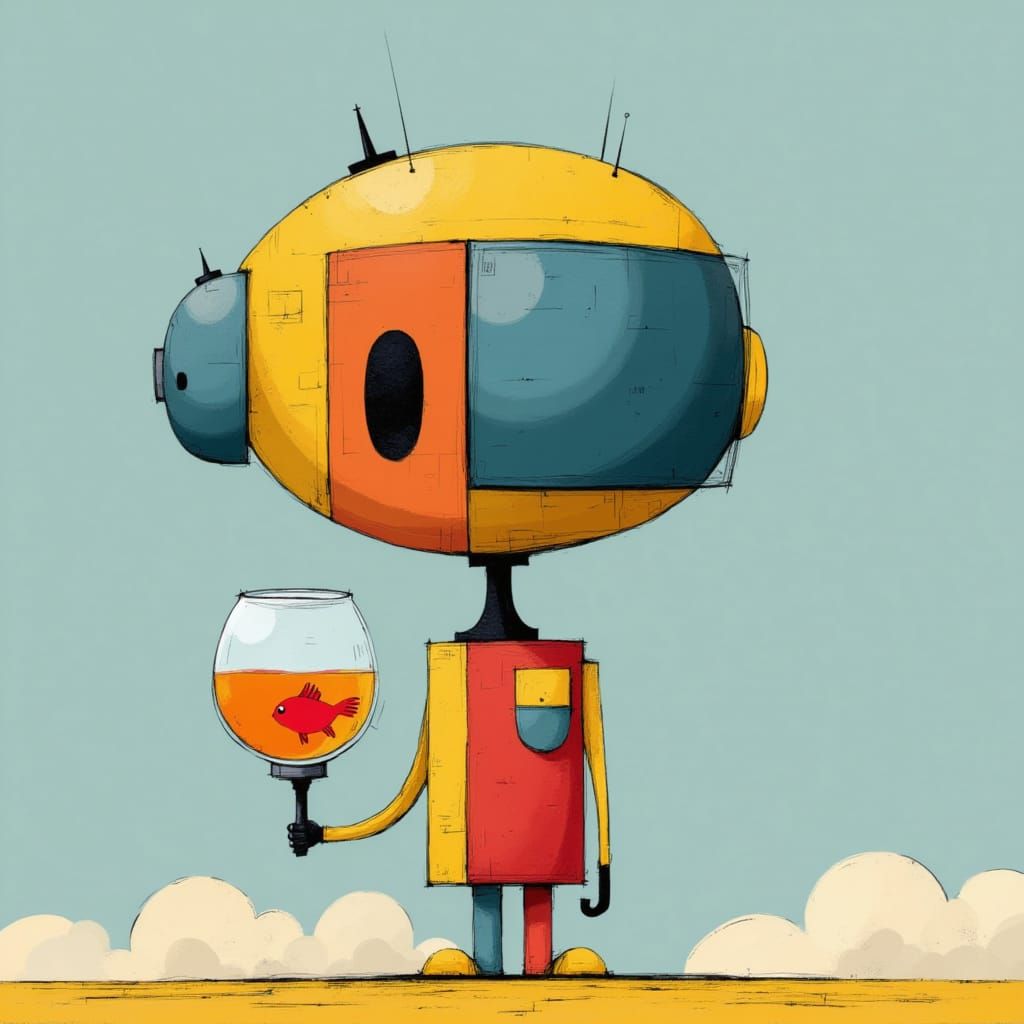 Cute Robot Holding a Fishbowl