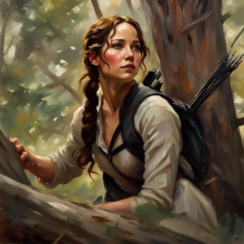Katniss Everdeen in Tree, Oil Painting Style