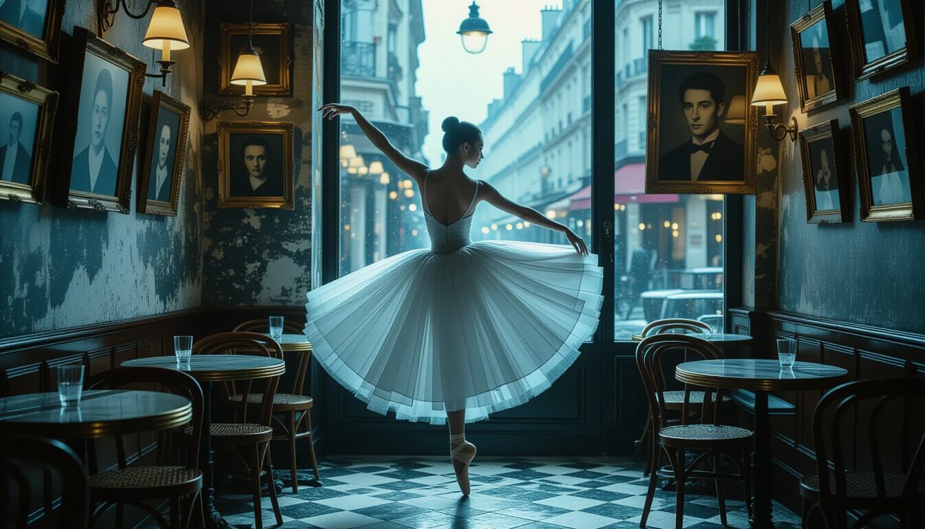 Ballerina in Gossamer Gown in Parisian Cafe