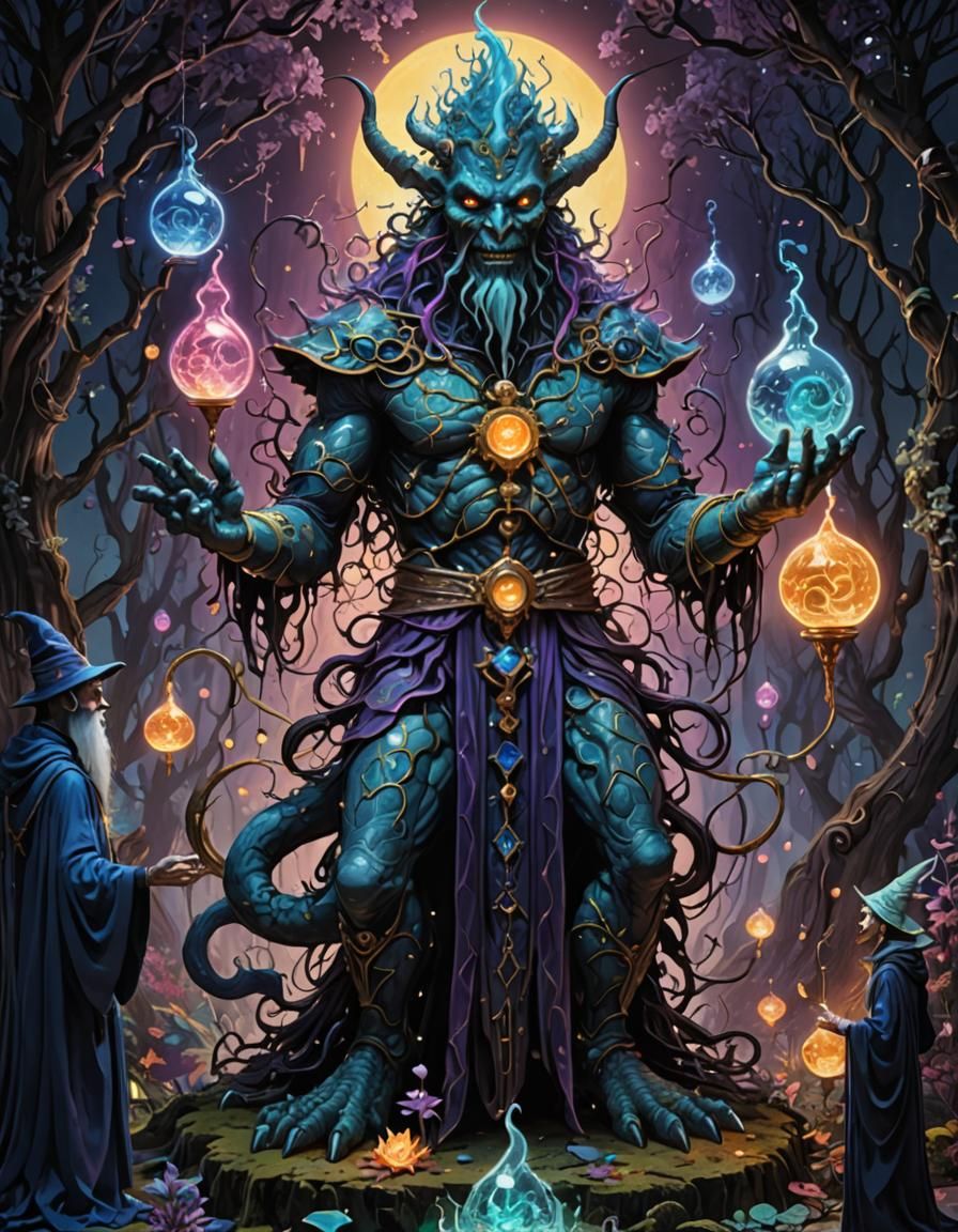 Monster Genie Summoned by Wizards in Aetherpunk Style