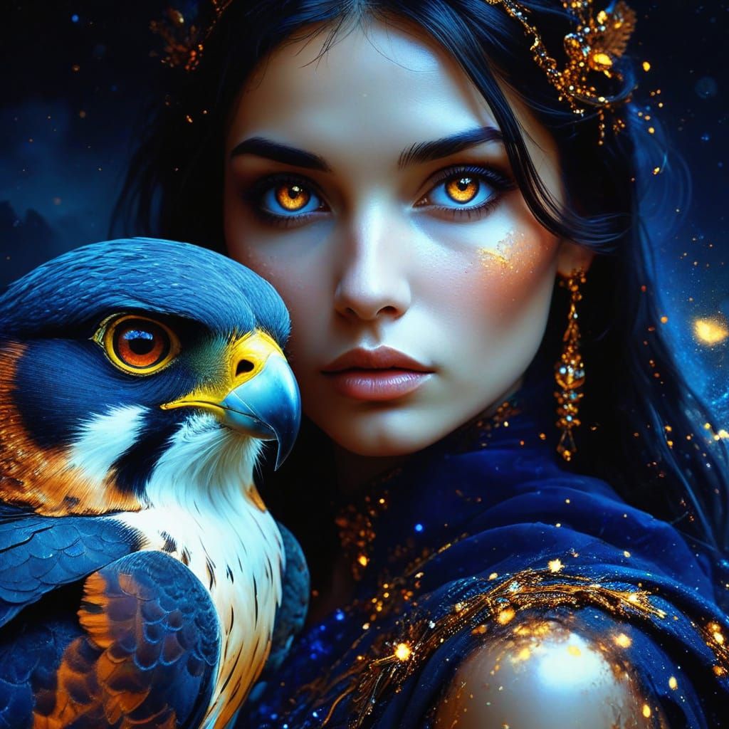 Ethereal Woman Cradles Majestic Peregrine Falcon in a Vibran...