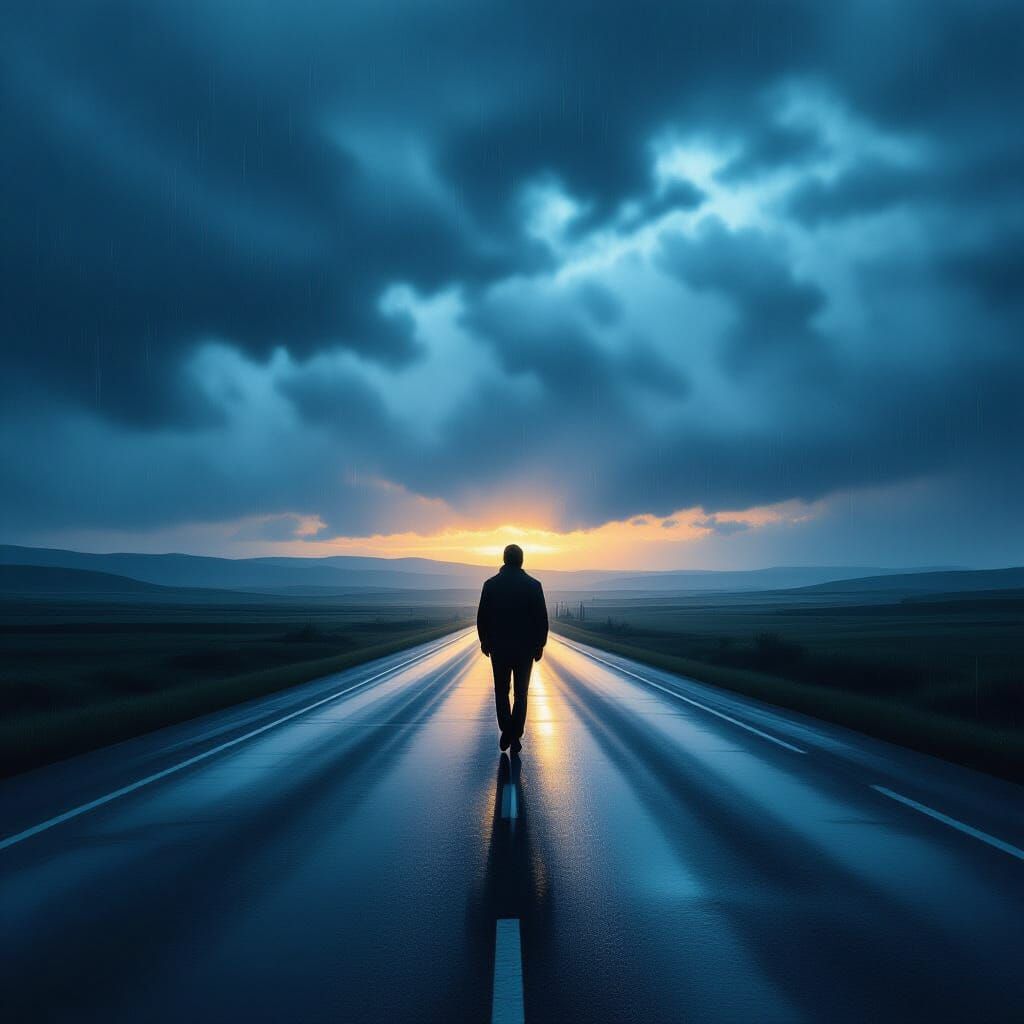Melancholic Figure on Endless Highway Under Stormy Sky