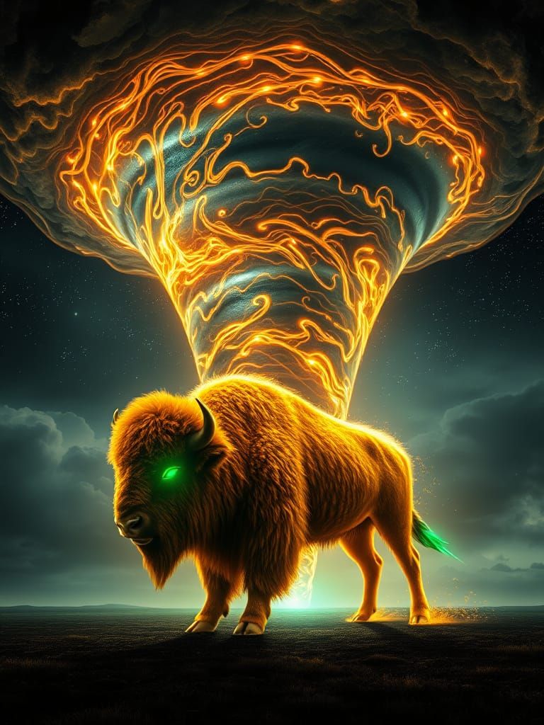 Giant Tornado with Bioluminescent Aura and Golden Bison