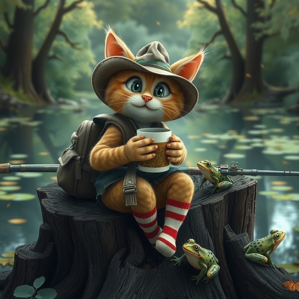 Happy Pixie Cat Fishing in Rococo Forest