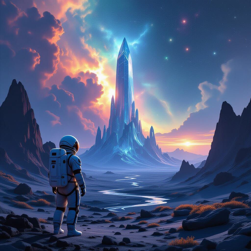 Astronaut Gazes at Colossal Crystal on Alien Planet