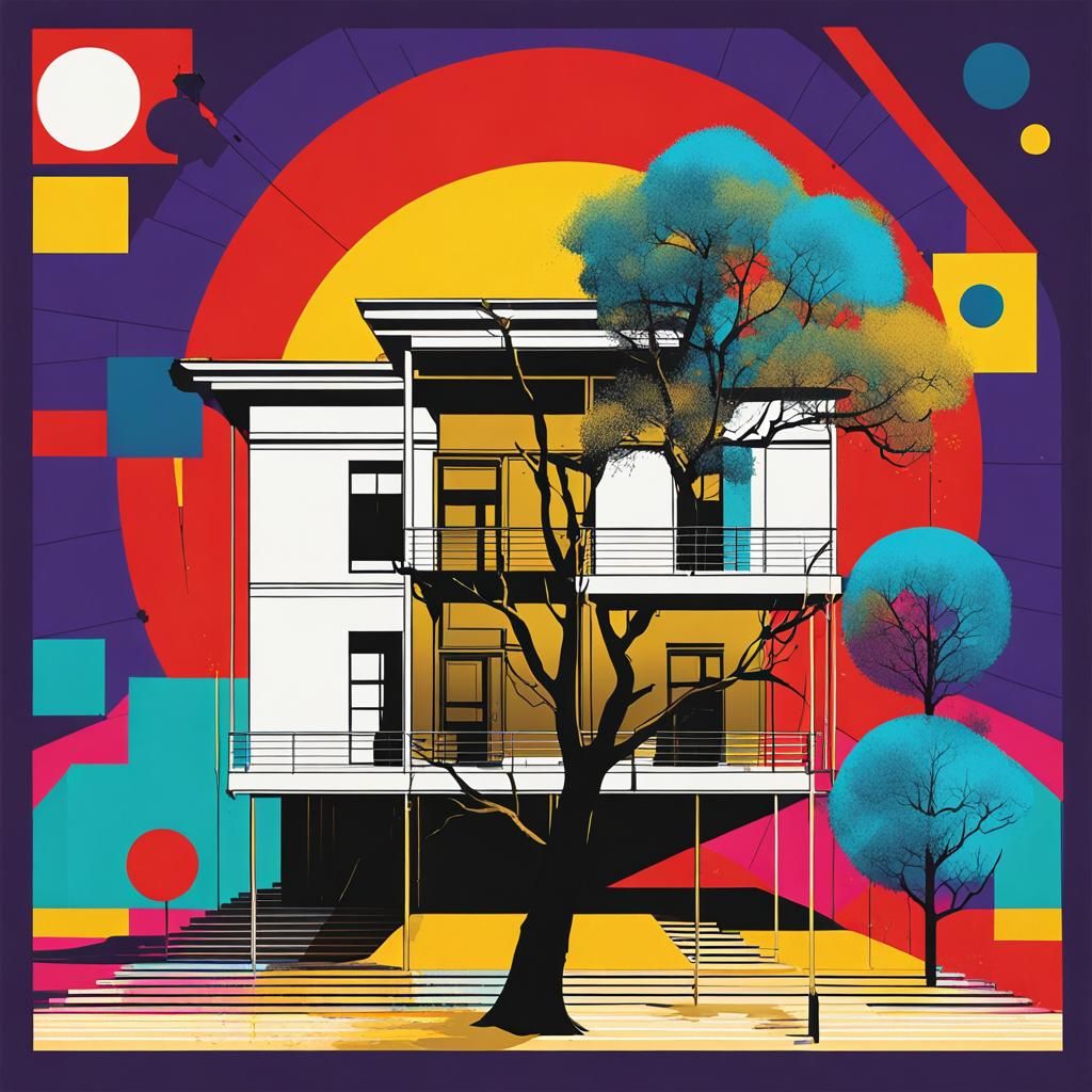 Geometric House and Tree: Bauhaus Style Digital Art