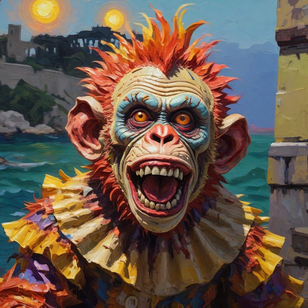 Zombie Monkey Clown at Alcatraz in Neo-Impressionism Style