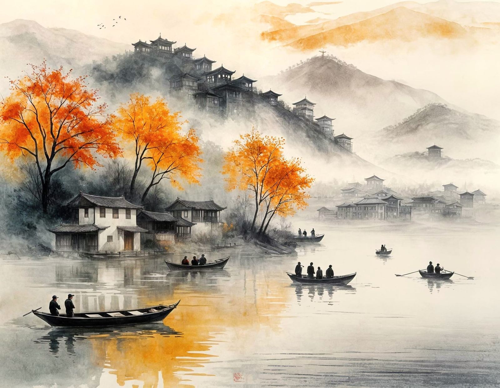 Boats on Yangtze River in Autumn Fog