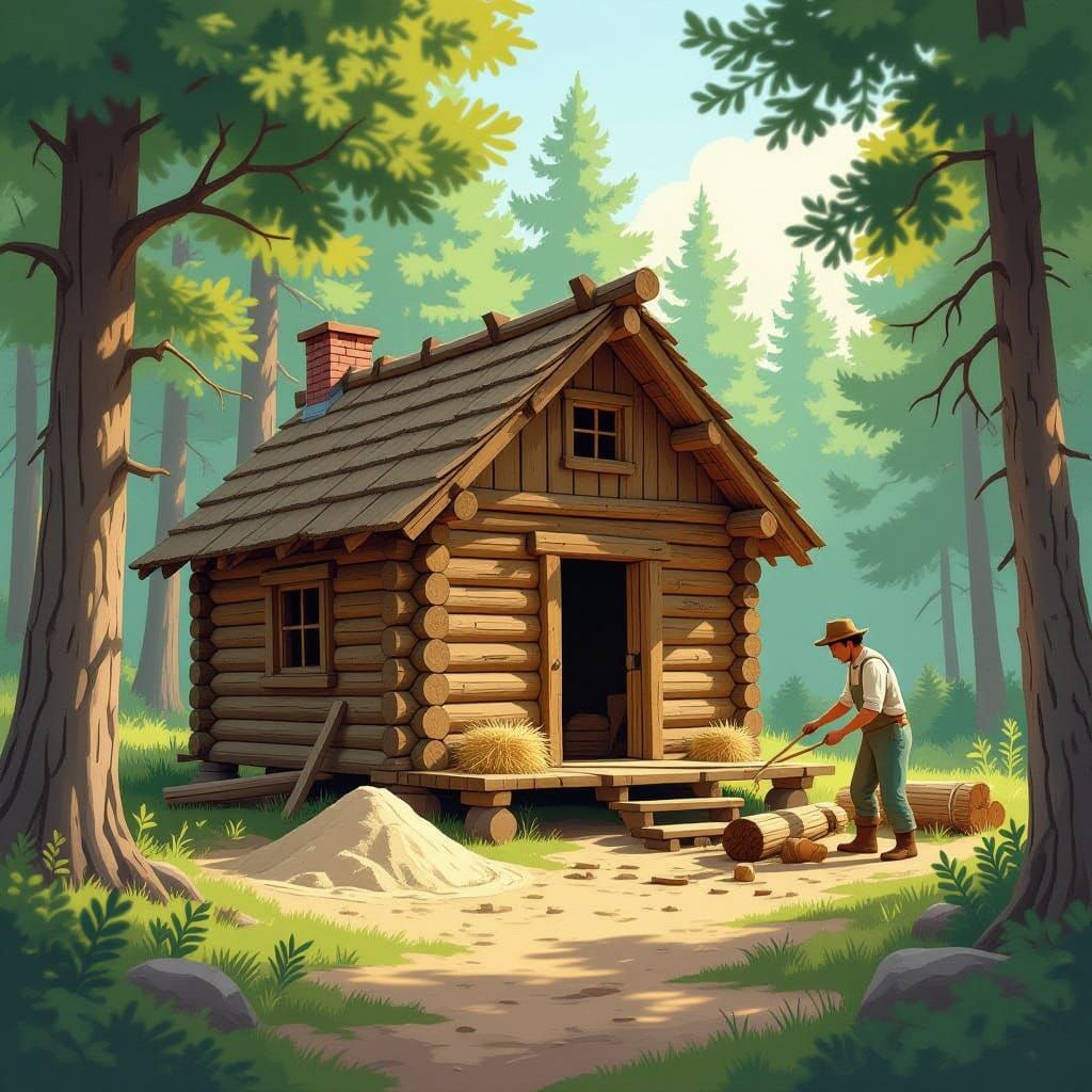 Rustic Cabin Construction in Forest Clearing