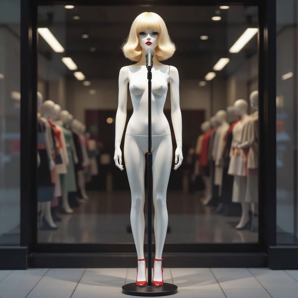 Blonde Mannequin in Pop Art Style with Microphone