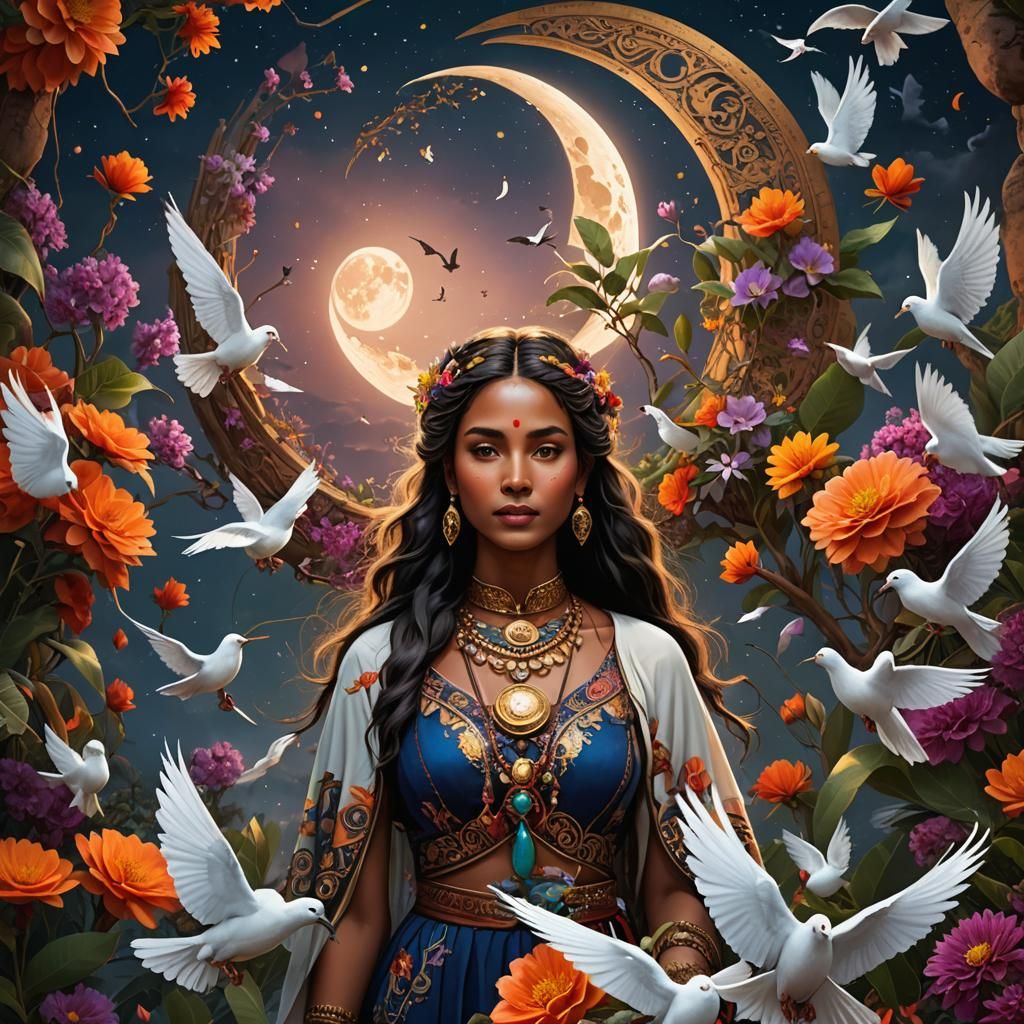 Ethnic Woman with Moon and Doves in Fantasy Art