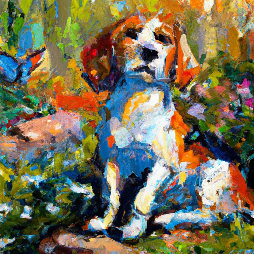 Vibrant Impasto Beagle in Whimsical Garden Scene