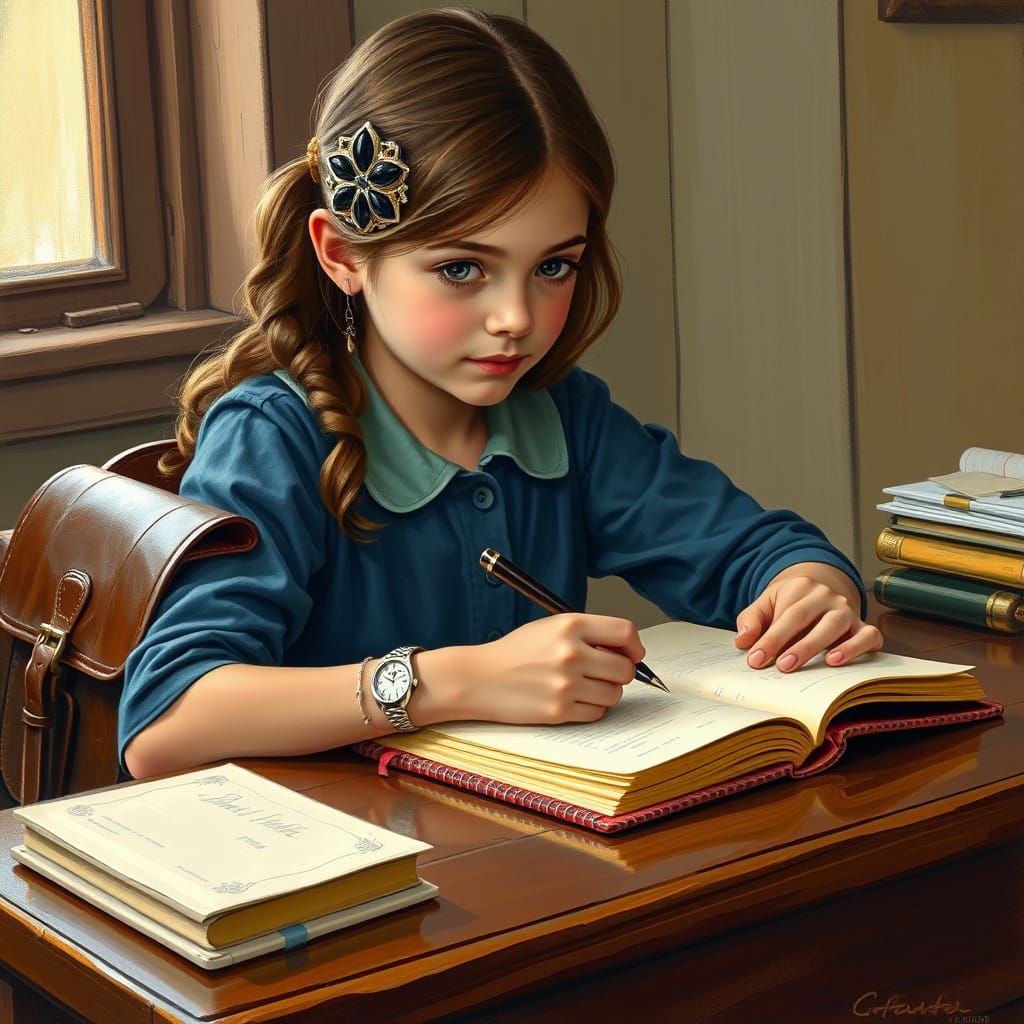 Studious Schoolgirl Writes in Cozy Study