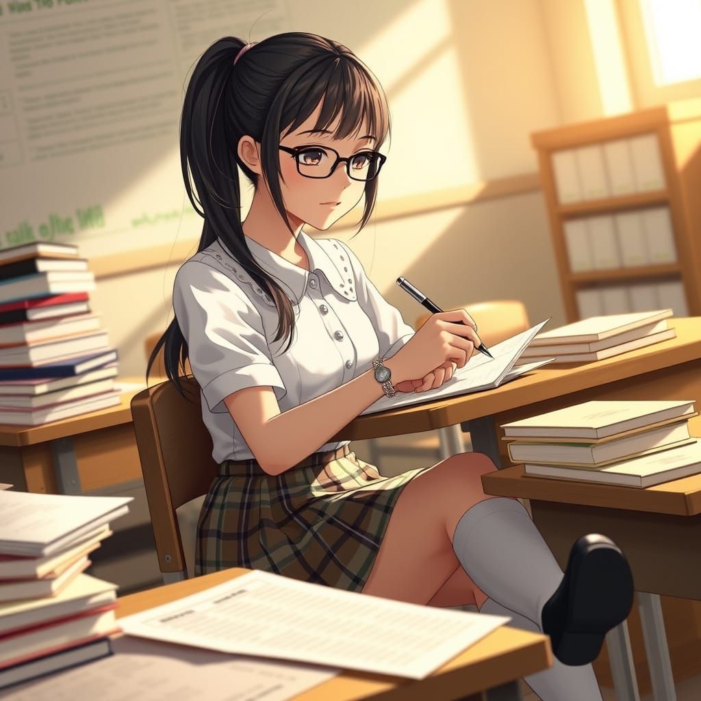 Introspective Schoolgirl Writes in Sunlit Classroom