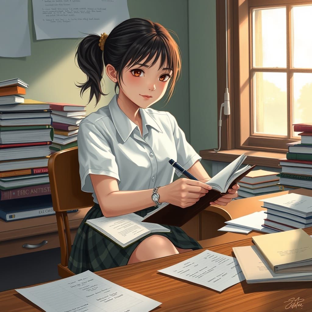 Young Scholar at Work in Whimsical Realism Style