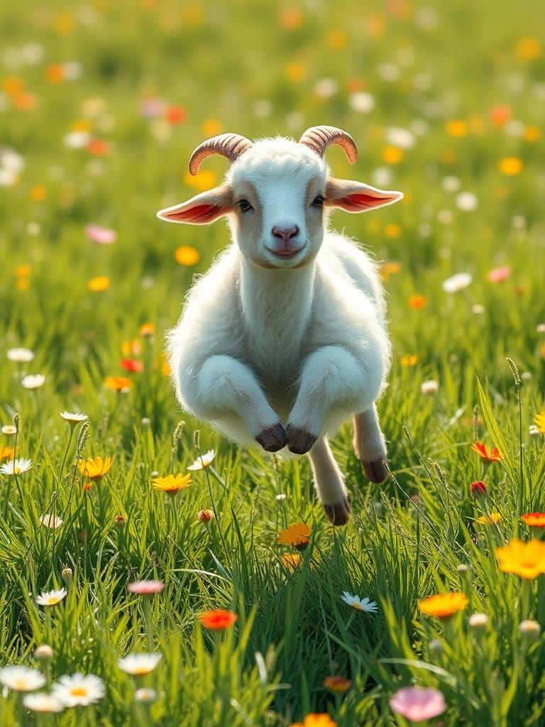 Whimsical Goat-Sheep Creature in Lush Meadow