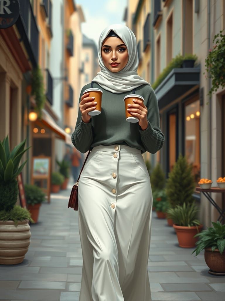 European Hijabi Woman in Cozy City with Coffee