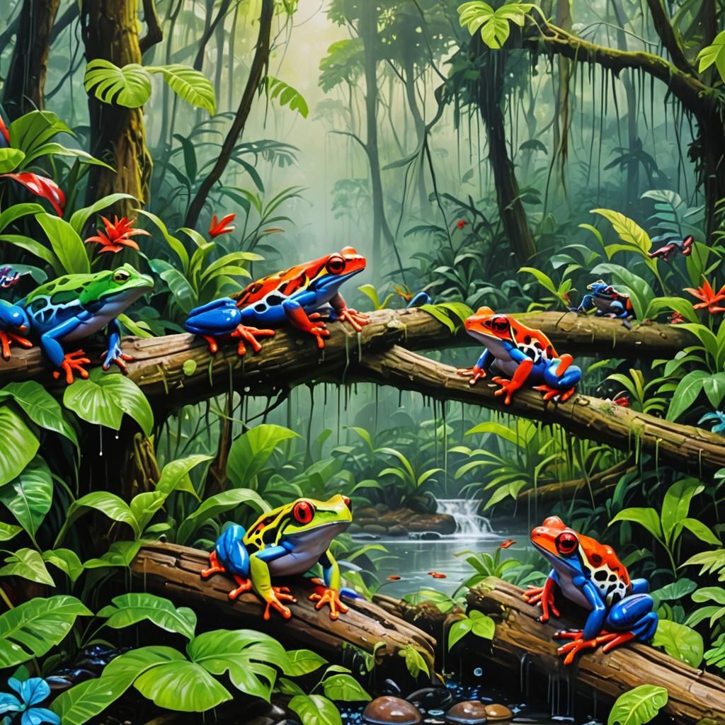 Misty wet tropical Amazon Forest and Tree Frogs.