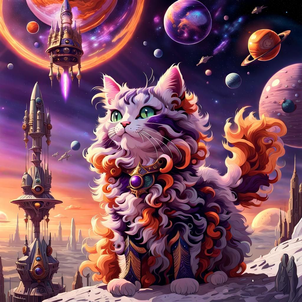 Ornate Cat Among Spaceships and Glass Towers