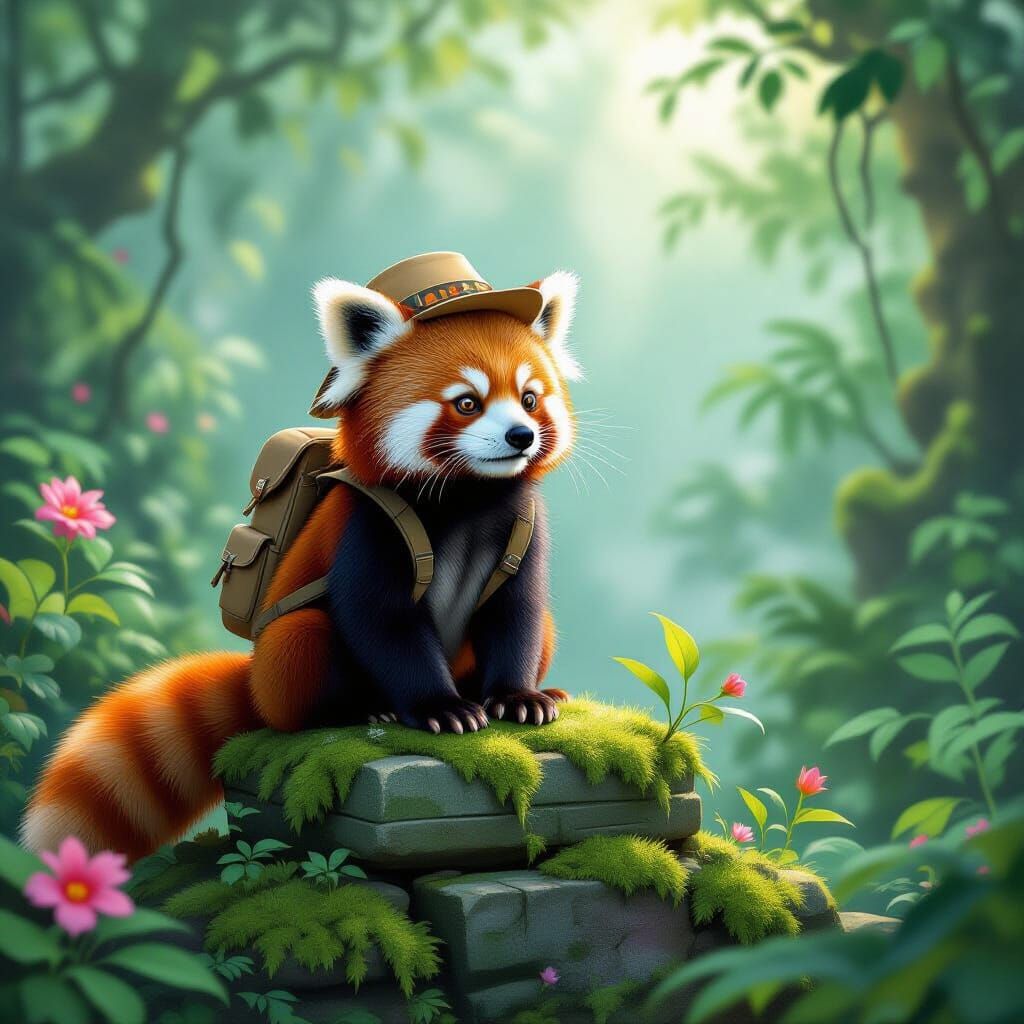 Charming Red Panda Explorer in Misty Jungle Ruins