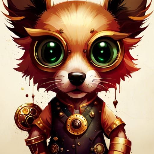 Steampunk Chibi Puppy Portrait in Splatter Art Style