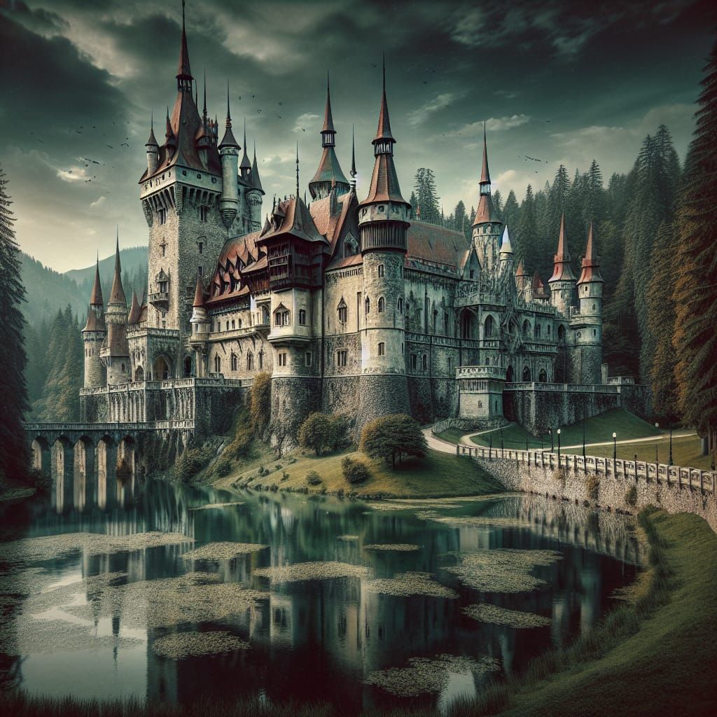 Majestic Dark Fantasy Castle Reflecting on Tranquil Lake