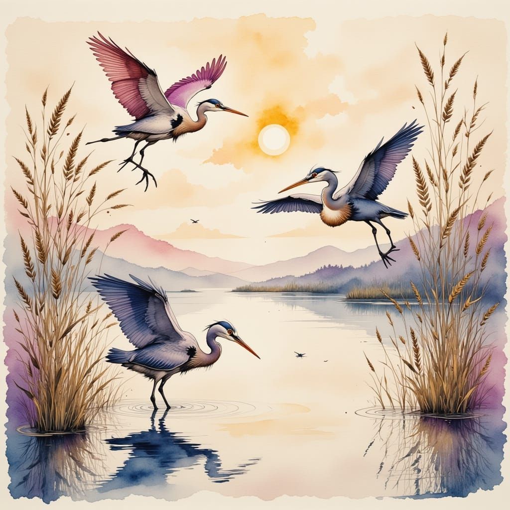 Serene Dawn Wetlands with Graceful Herons