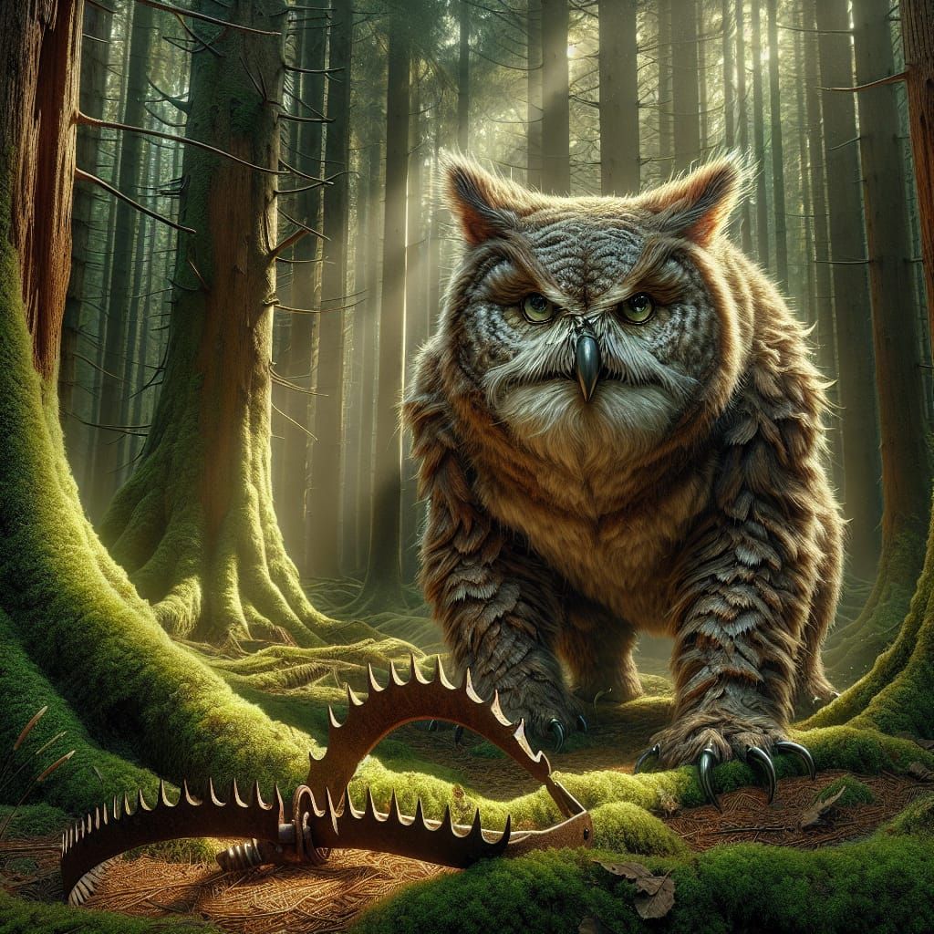 Majestic Owlbear Defies Pain in Dappled Forest