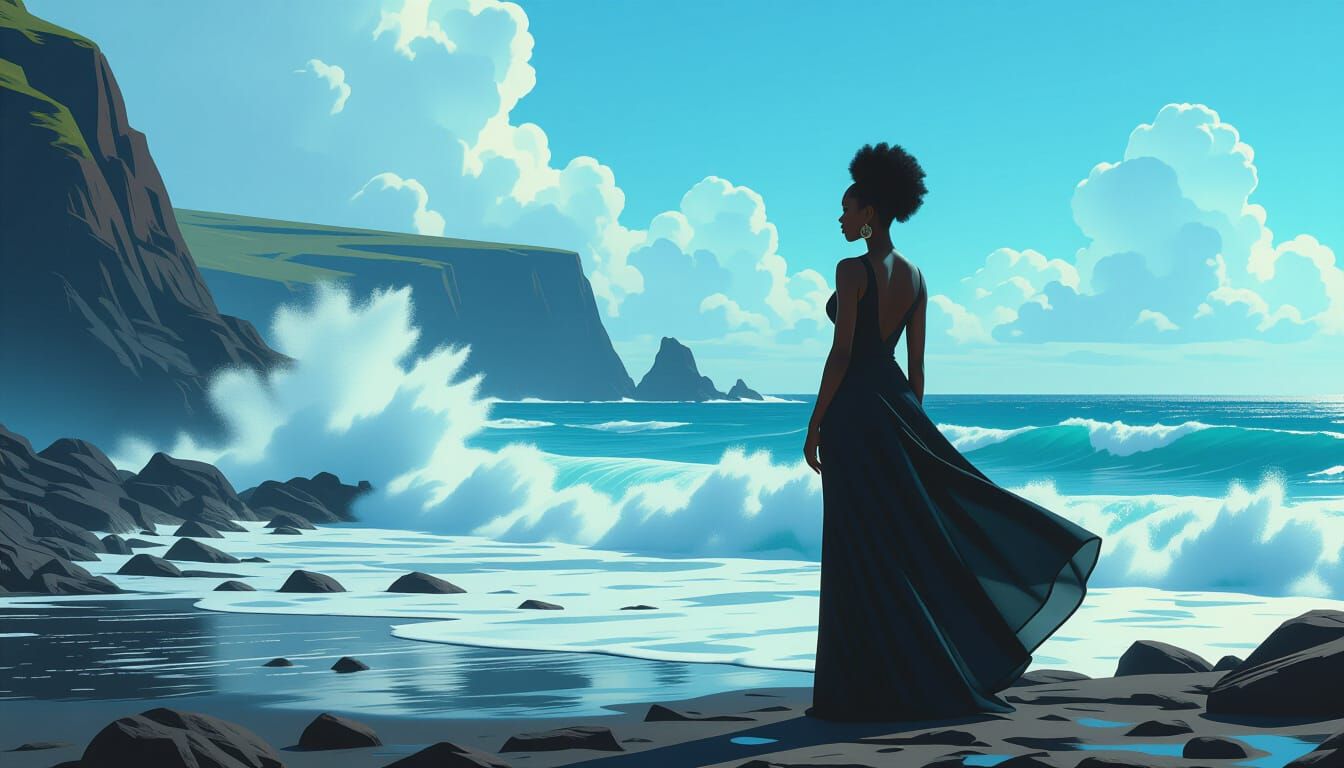 Afrofuturistic Woman on Rocky Coastline in Digital Art