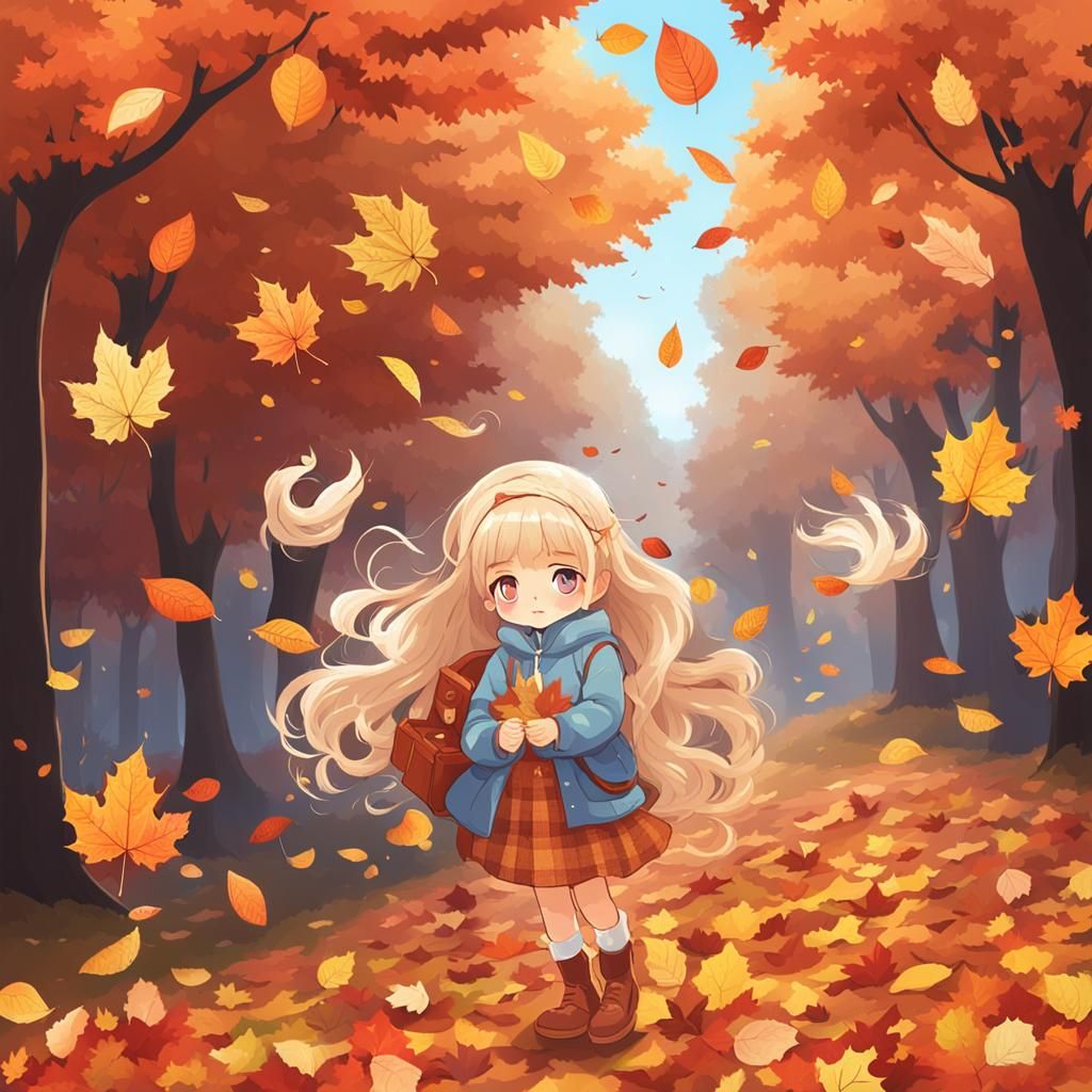 Weary Autumn Angel Distributing Leaves