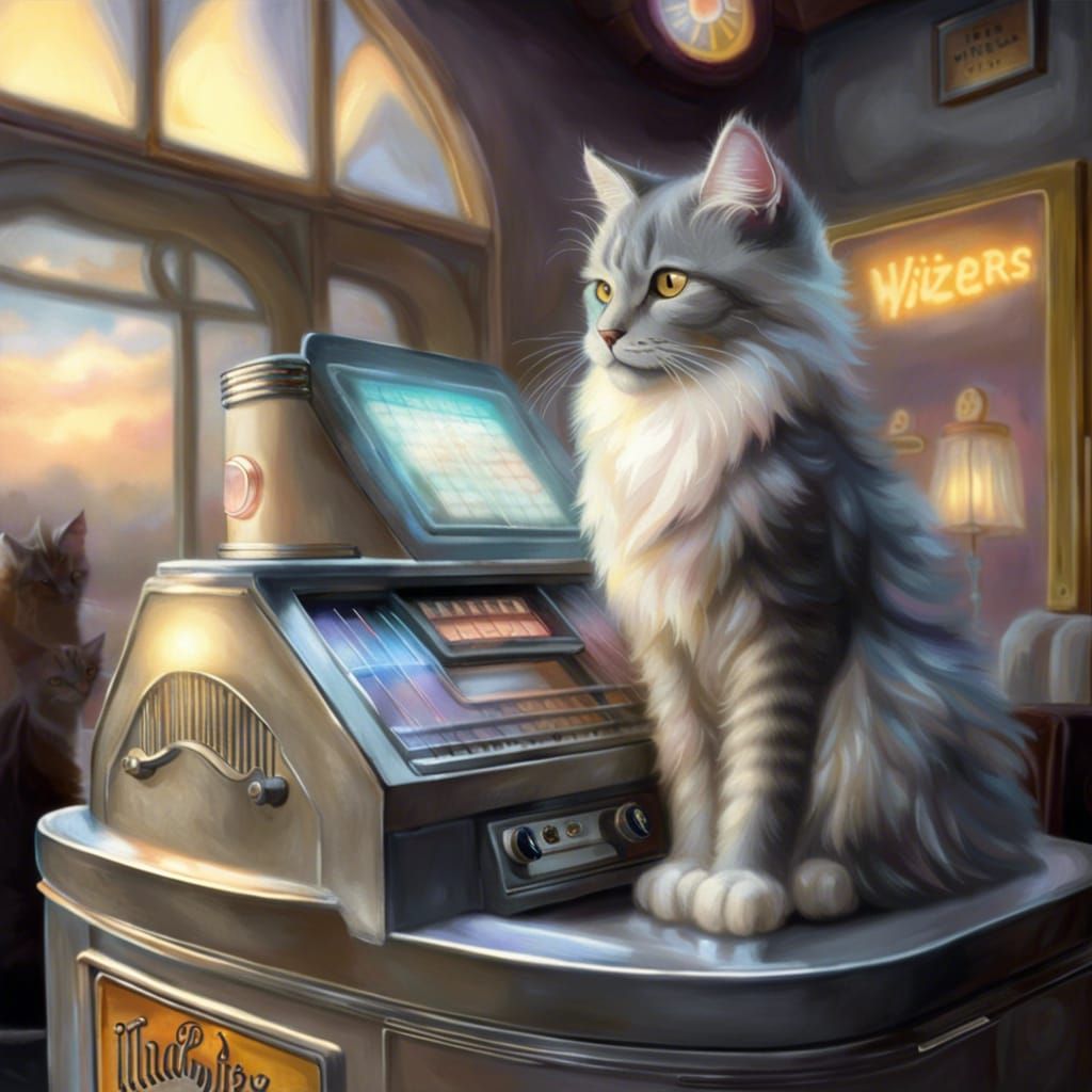 Cat on Jukebox in Diner, Ethereal Oil Painting