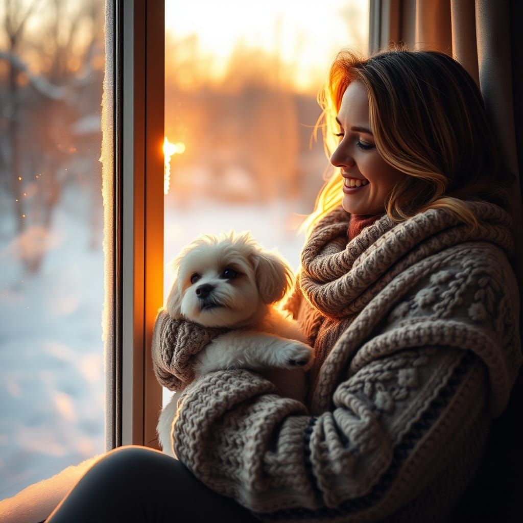 Serene Winter Scene with Woman and Small White Dog