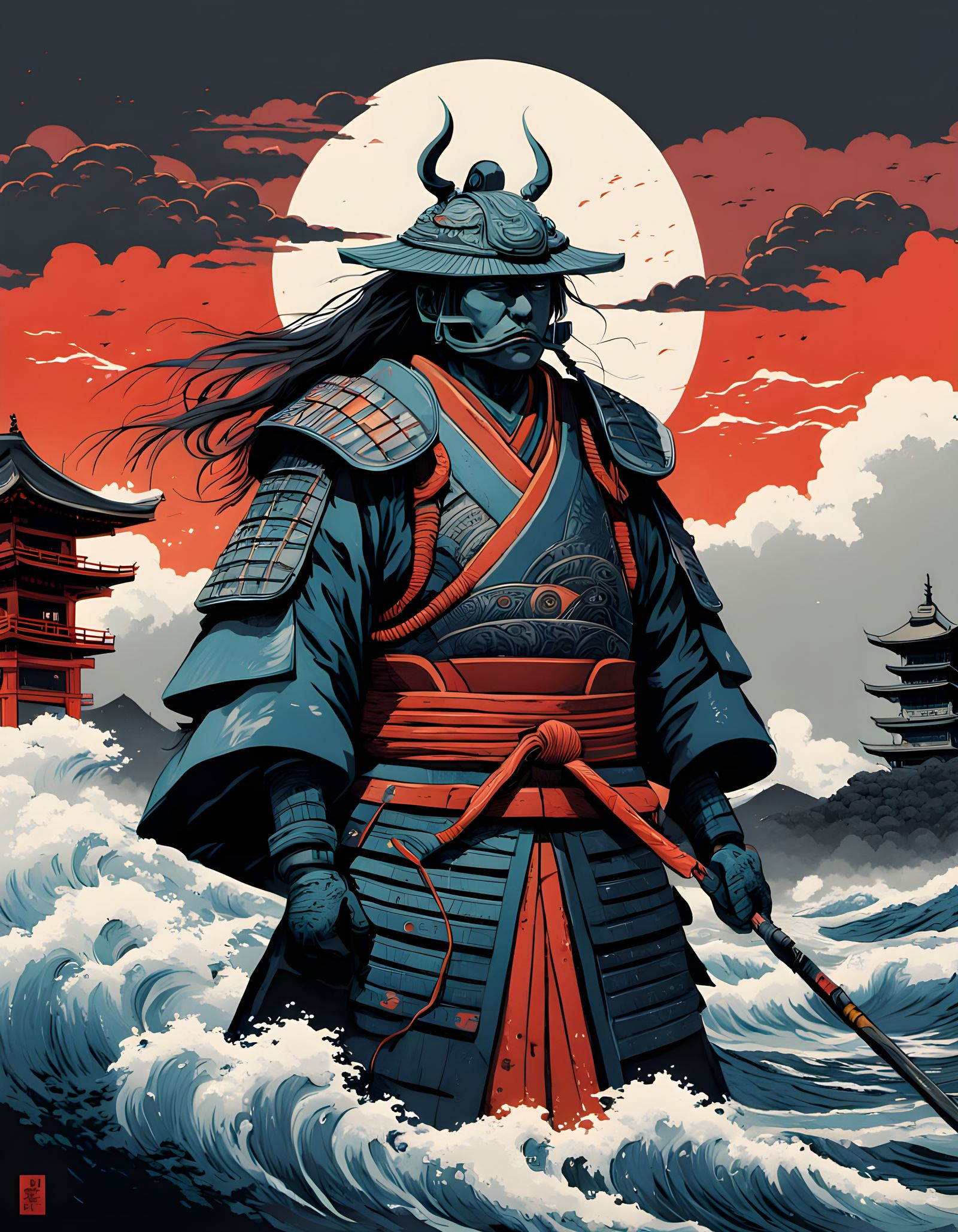 Stormy Skies in Traditional Japanese Woodblock Print Style