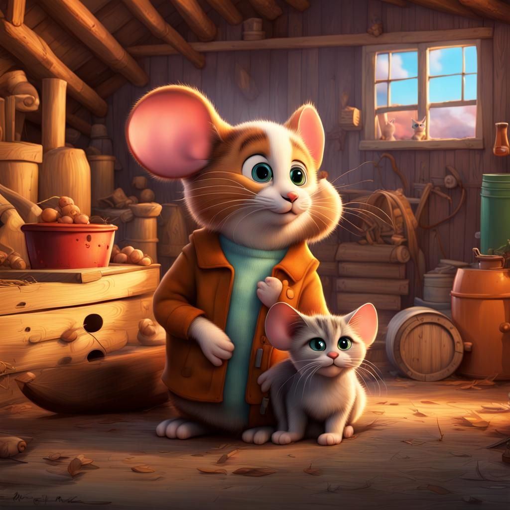 Mouse and Cat Friendship in 3D Disney Style