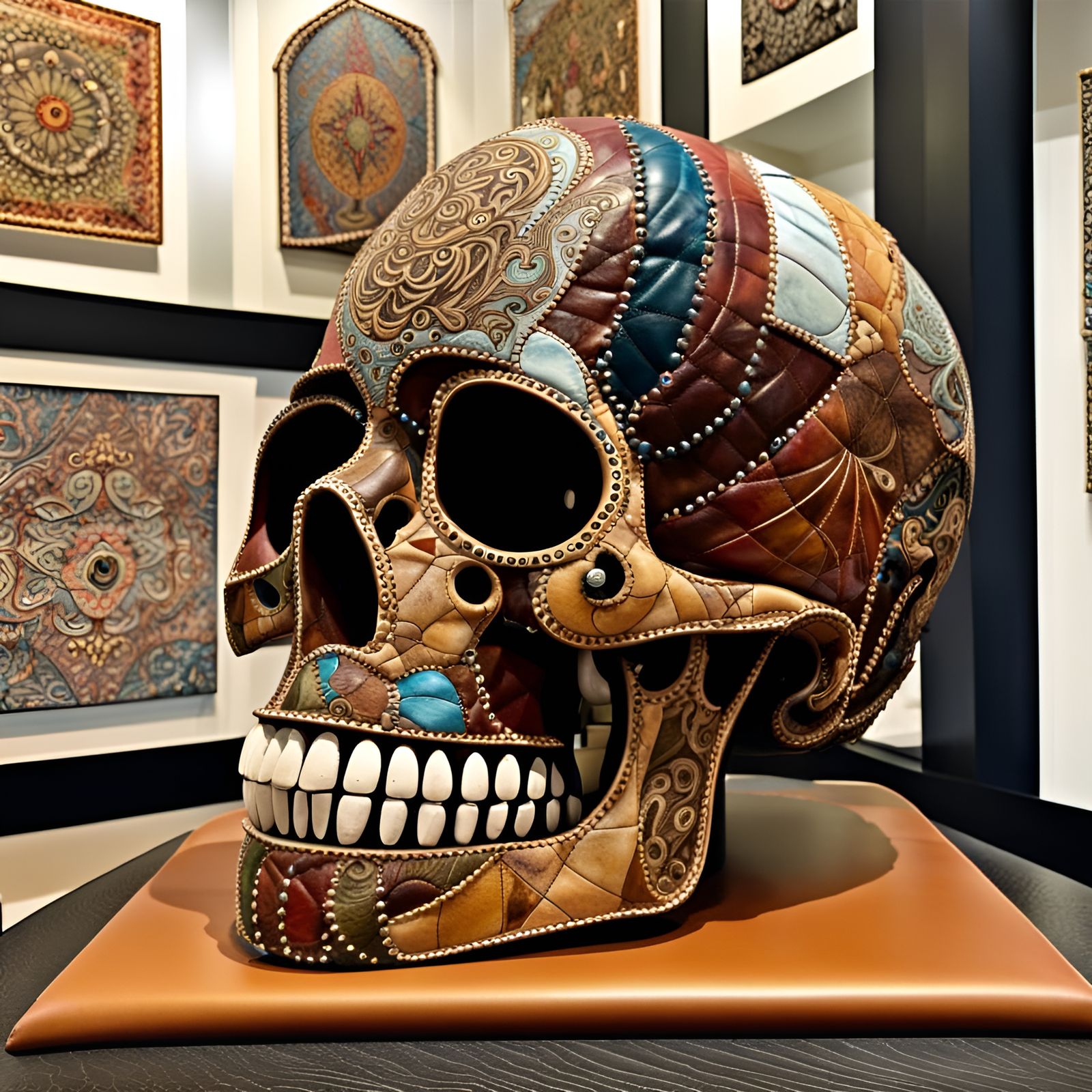 Large Leatherwork Skull Sculpture