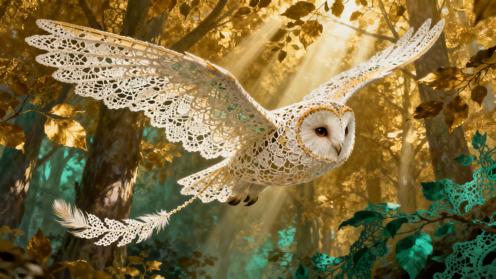 Lace Barn Owl Flying Through Gold and Jade Forest