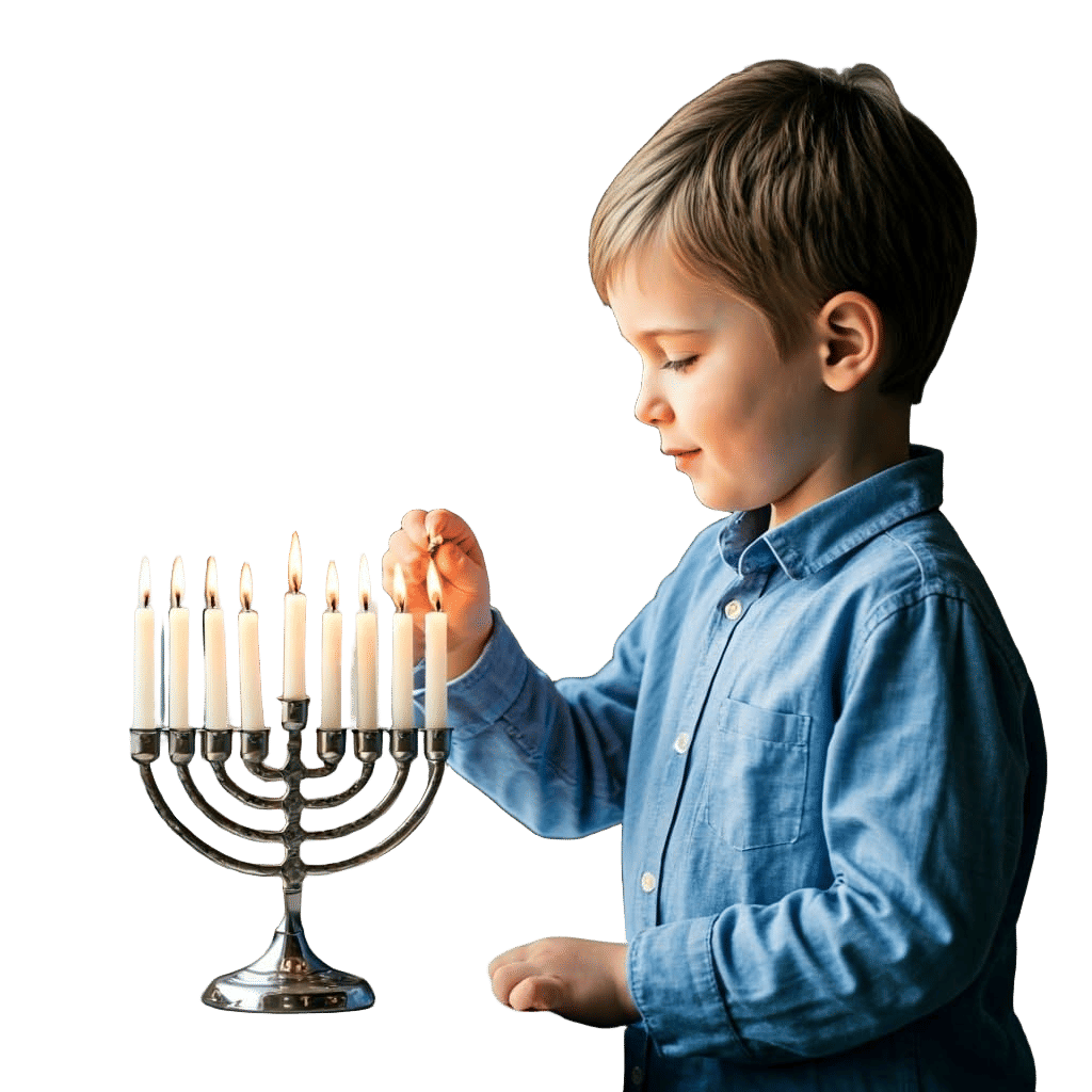 Boy Lighting Menorah Candle in Professional Portrait