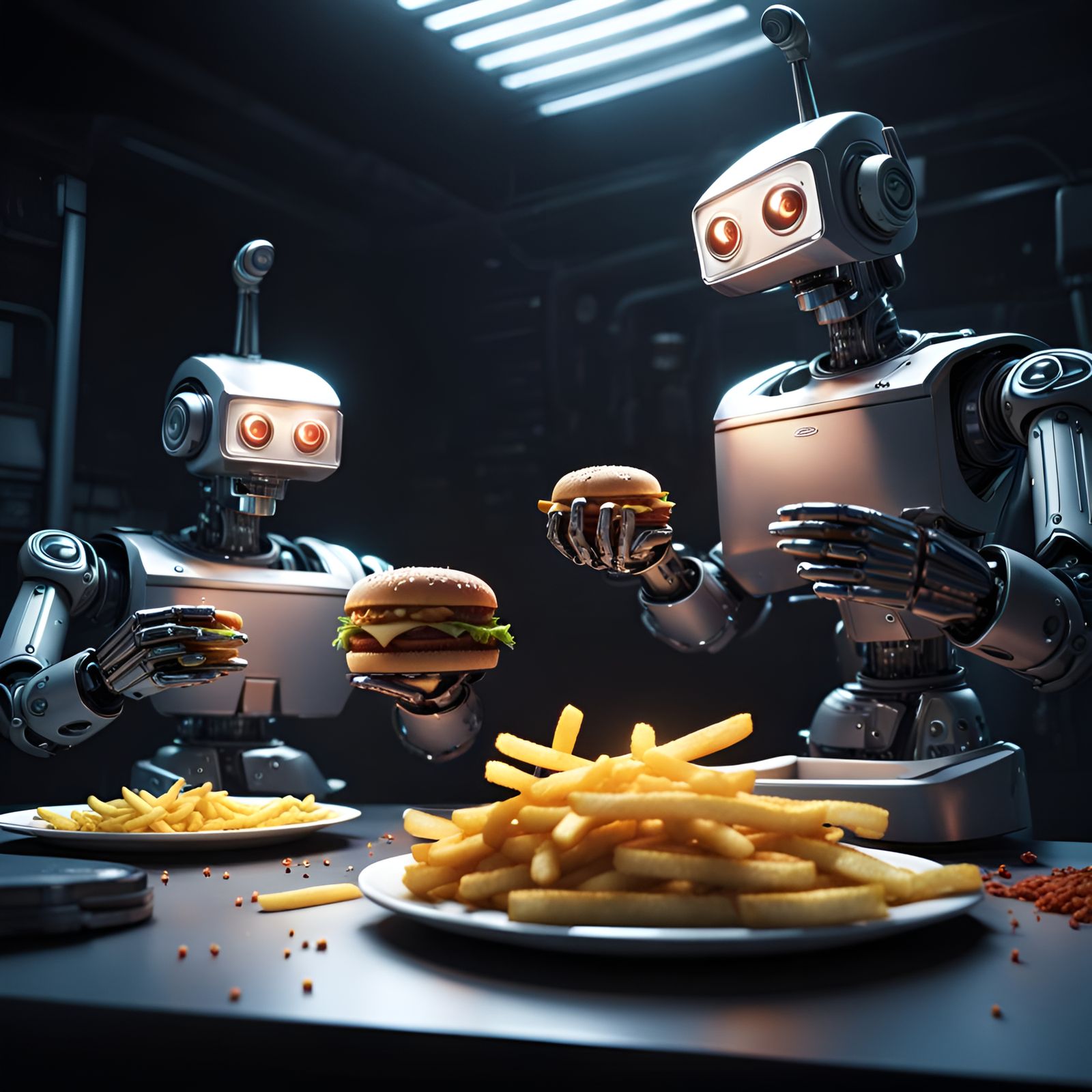 Robot Arms Analyze Burger and Fries: Monochrome Art